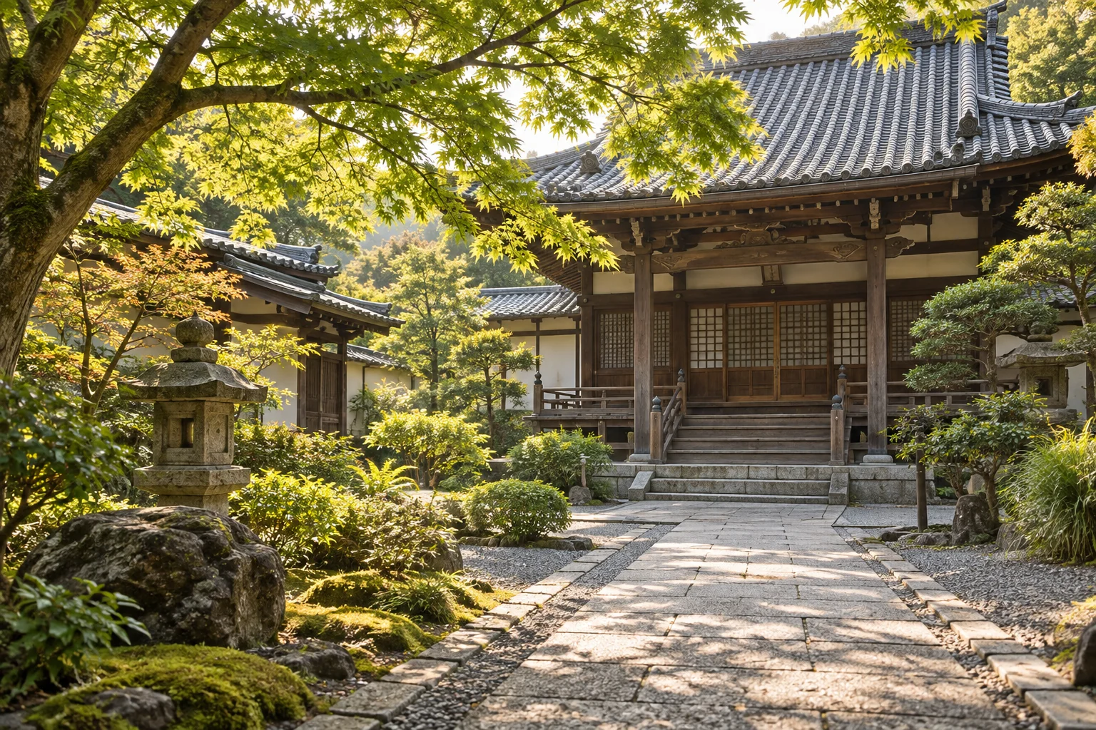 緑の木々に囲まれた寺院の境内のイメージ